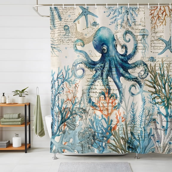 Shower Curtains for Bathroom, Coastal Octopus Waterproof Fabric Shower Curtain, Vintage Summer Beach Coral Ocean Decorative Bathroom Curtain for Bathtub, 72"x78", No Hooks Included