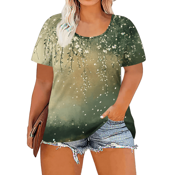 XADYUY Womens Tops Plus Size 4x-5x Sexy Crew Neck T Shirts Floral Graphic T-Shirt Short Sleeve Blouses Large Casual Tunic Tops,2XL