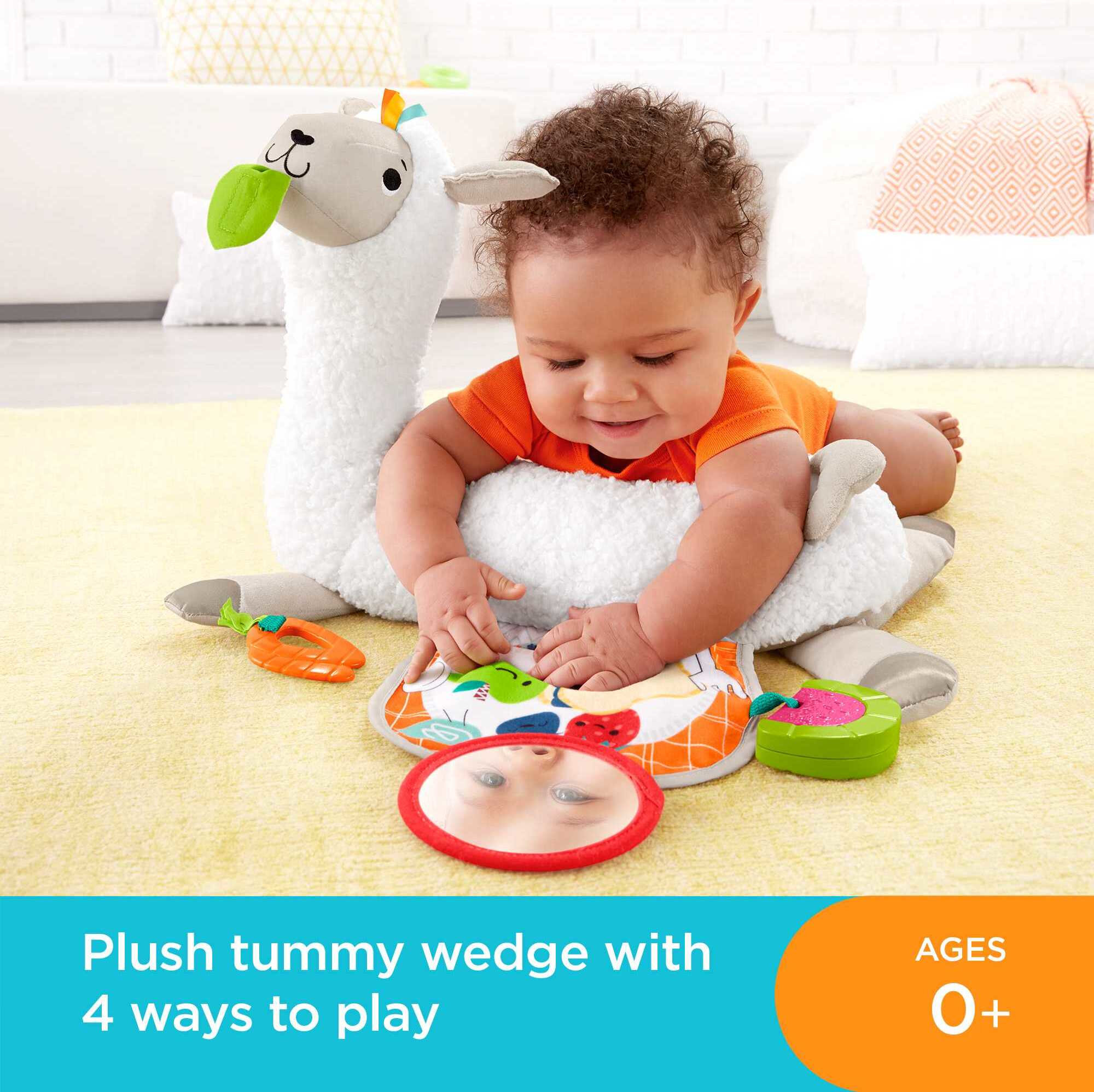 Fisher-Price Grow-with-Me-Tummy Time Llama Plush Baby Wedge with 3 Take-Along Sensory Toys, Unisex - image 3 of 7