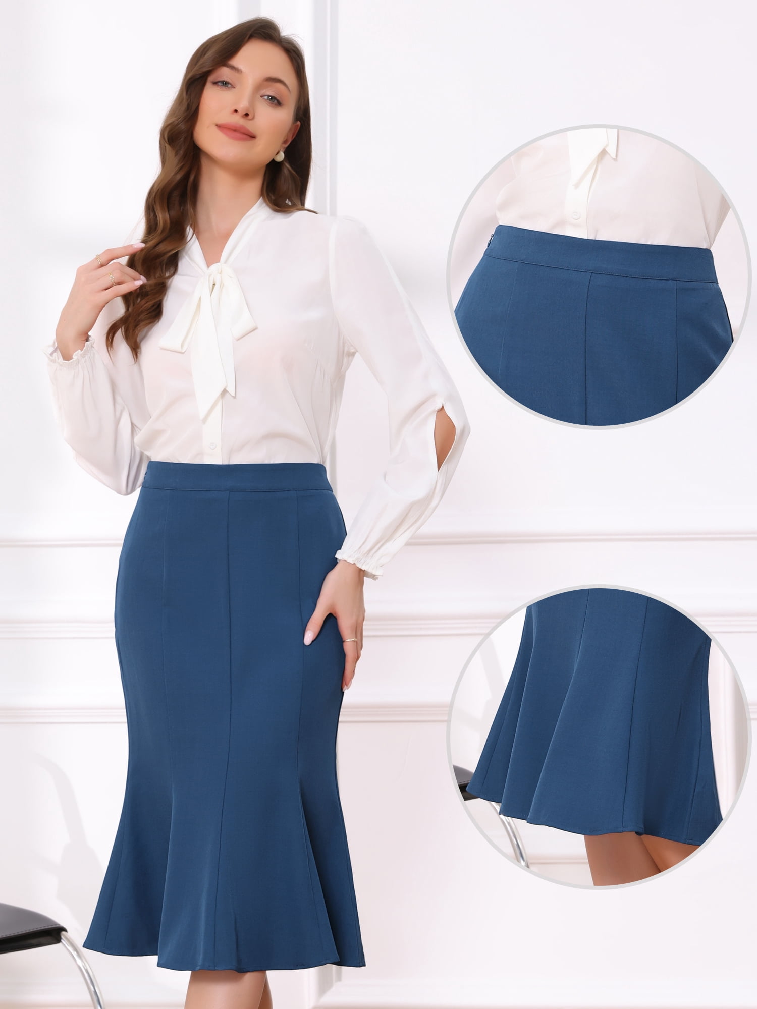 DARING DIVA Women's Ruffle Hem Pencil Skirt High Waist Midi Skirts L Blue