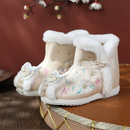 

Cathalem Simple Ethnic Style Cotton Boots For Toddler Gilrs Cloth Shoes Warm Winter Snow Boots Embroidery Print Child Ski Boots Shoes Beige 10 Years