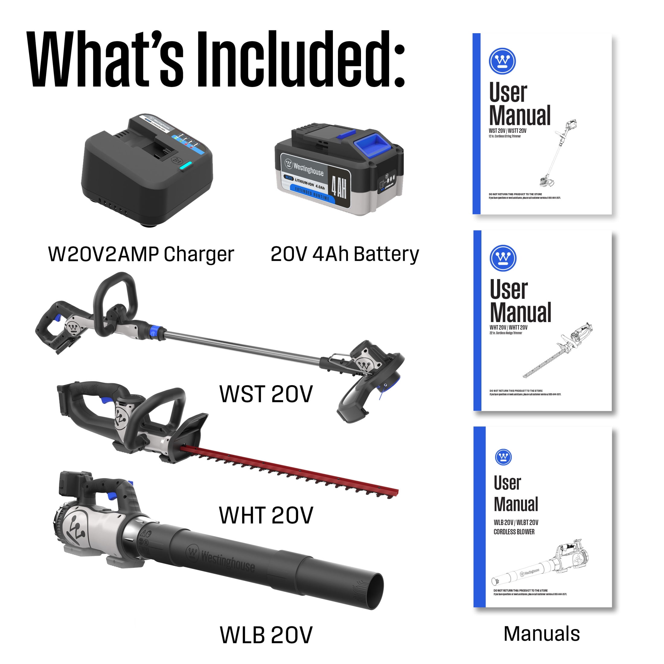 Westinghouse 20V Cordless Leaf Blower, 350 CFM, 110 MPH + 22" Cordless Hedge Trimmer, Dual-Action Steel Blades + 2-in-1 Cordless String Trimmer & Edger, 12" Cutting Path with 4.0Ah Battery & Charger