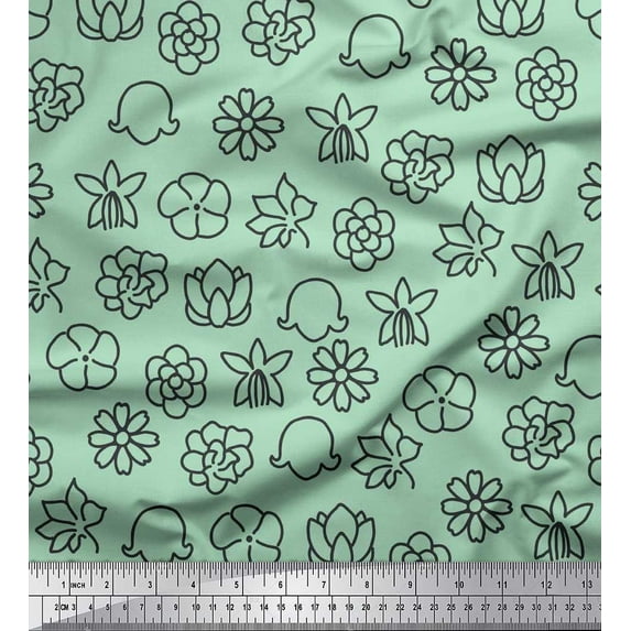 Soimoi Green Cotton Duck Fabric Black Sketch Floral Fabric Prints By Yard 56 Inch Wide
