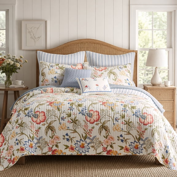 Levtex Home - Maileen Quilt Set - Full/Queen Quilt and Two Standard Shams - Floral - Bright Multi Color - Quilt (88x92in.) and Shams (20x26in.) - Reversible - Cotton
