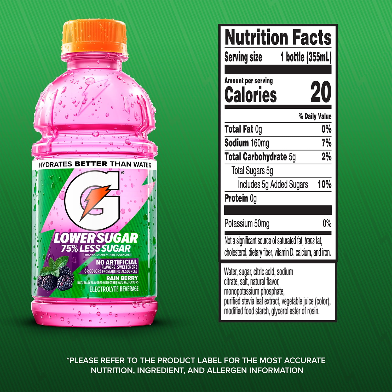 Gatorade Lower Sugar, No Artificials Rain Berry Flavored Electrolyte Sports Drink, 12 fl oz Bottle, (12 pack), 75% Less Sugar, Hydration