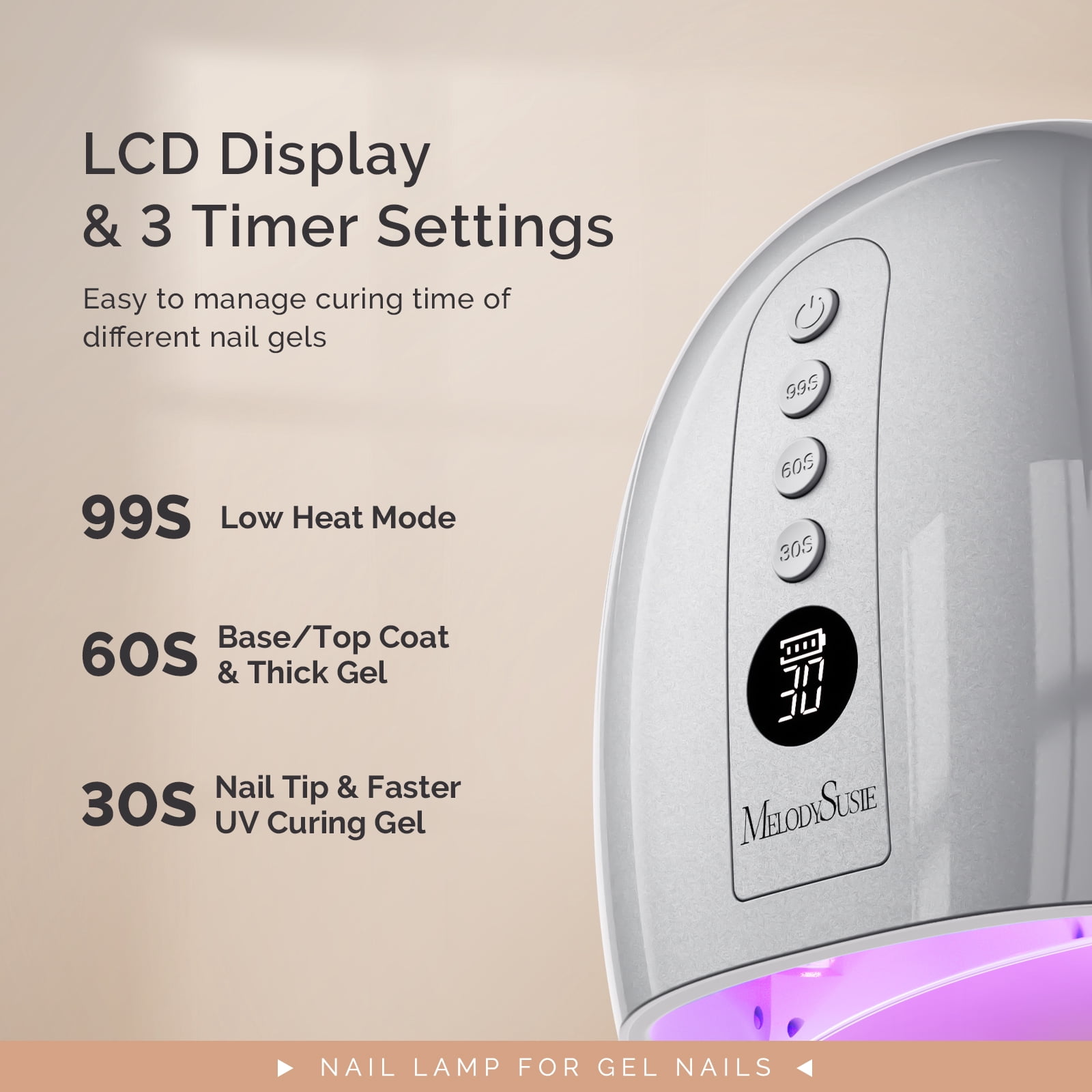 MelodySusie Upgraded Cordless UV Nail Lamp, P-Plus30GT High-Efficient Rechargeable Nail Dryer with 3 Timers & Detachable Metal Base Cures All Hard Gels