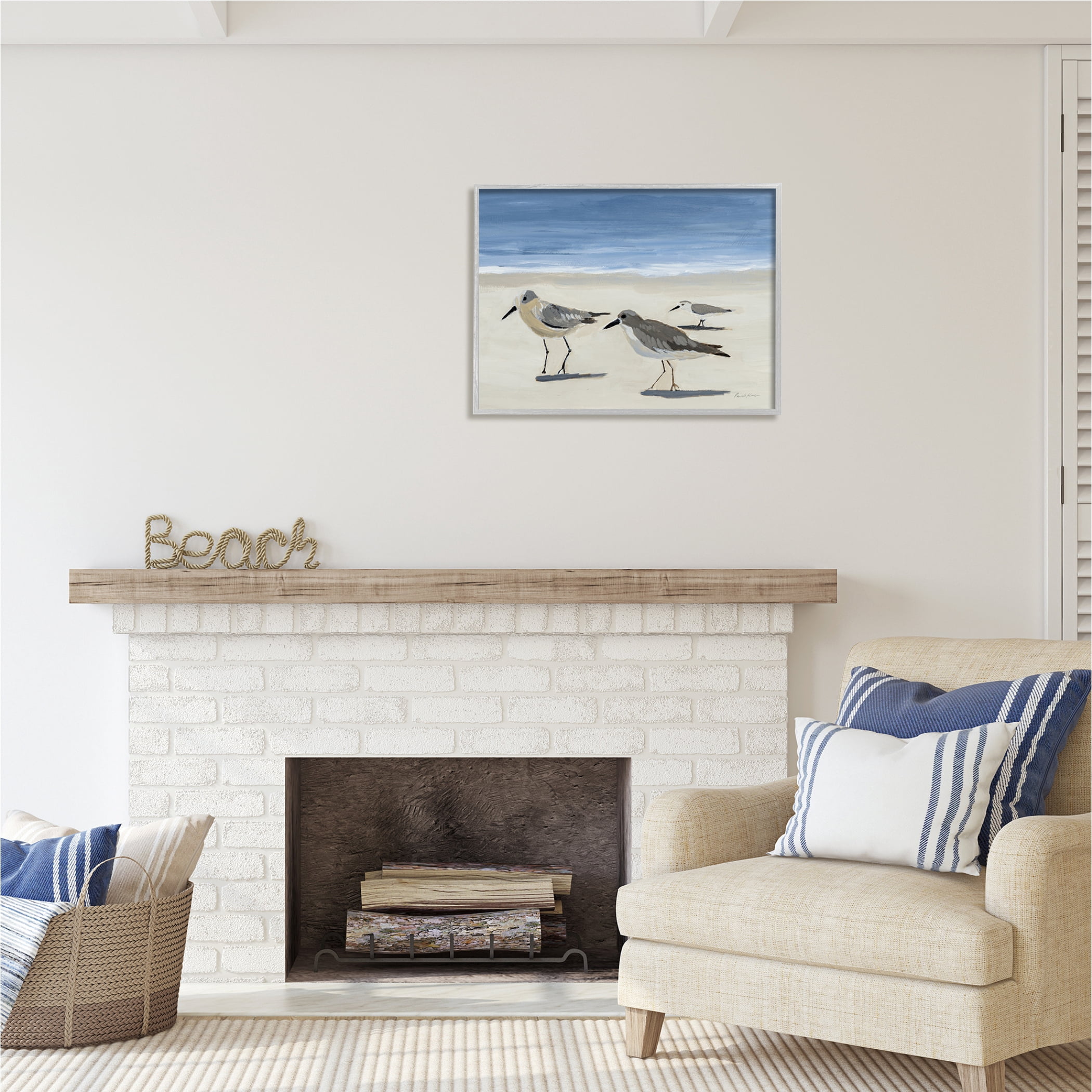 Stupell Industries Sandpipers on Shore Painting Animals & Insects Painting Gray Framed Art Print Wall Art, 30 x 24