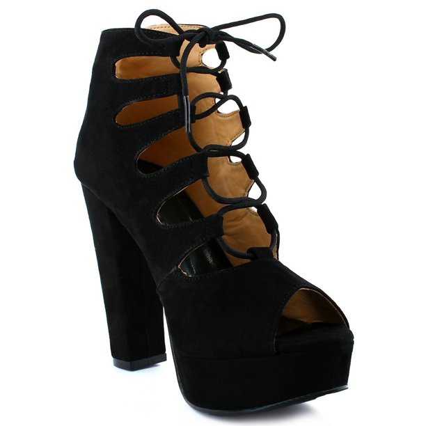 QQO QQO Adult Black Lace Closure Peep Toe Lace Up High Heeled Pumps