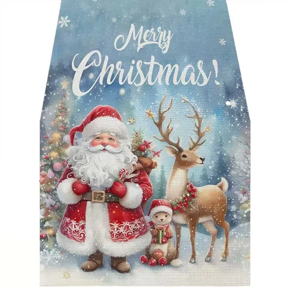 Blue Santa Deer Squirrel Snowflakes Christmas Table Runner 13*72”, Seasonal Winter Xmas Holiday Decoration