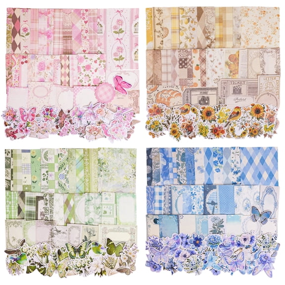 Sinekong 400pcs Vintage Floral Scrapbook Paper & Journaling Stickers, 4 Assorted Set Junk Journal Supplies for Bullet Journaling, Retro Crafts, Planner, Collage Card Album