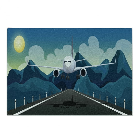 Airport Cutting Board, Digital Illustration of Airplane Taking Off from Runway on Mountains Backdrop, Decorative Tempered Glass Cutting and Serving Board, in 3 Sizes, by Ambesonne