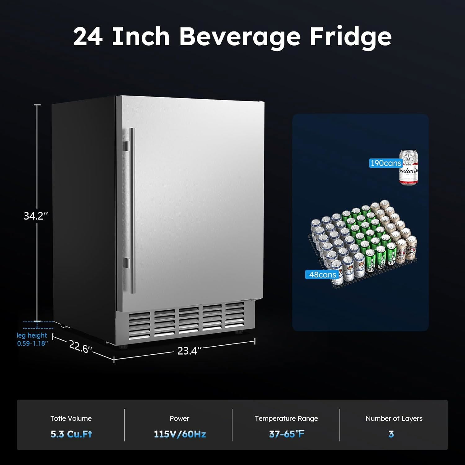 Joreek 24 Inch Beverage Fridge Weather Proof Stainless Steel Beverage Cooler Under Counter Beer Fridge Indoor/Outdoor Beverage Refrigerator for 190 Cans Built-in/Freestanding (Foam Door)