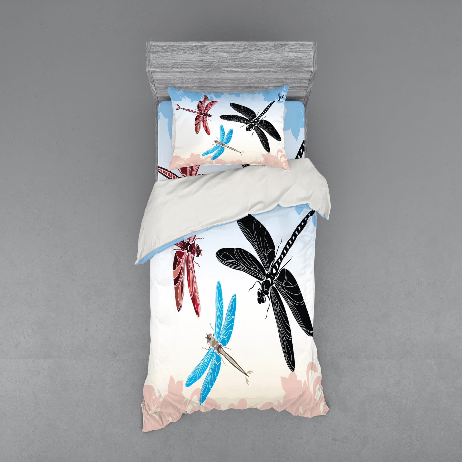 Dragonfly Duvet Cover Set, Exotic Dragonflies Flying in Cloud Sky