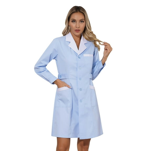 Sxiwei Professional Lab Coat for Women Full Sleeve Medical Coat Notch Lapel Big Pockets Halloween Blue Peaked Lapel M