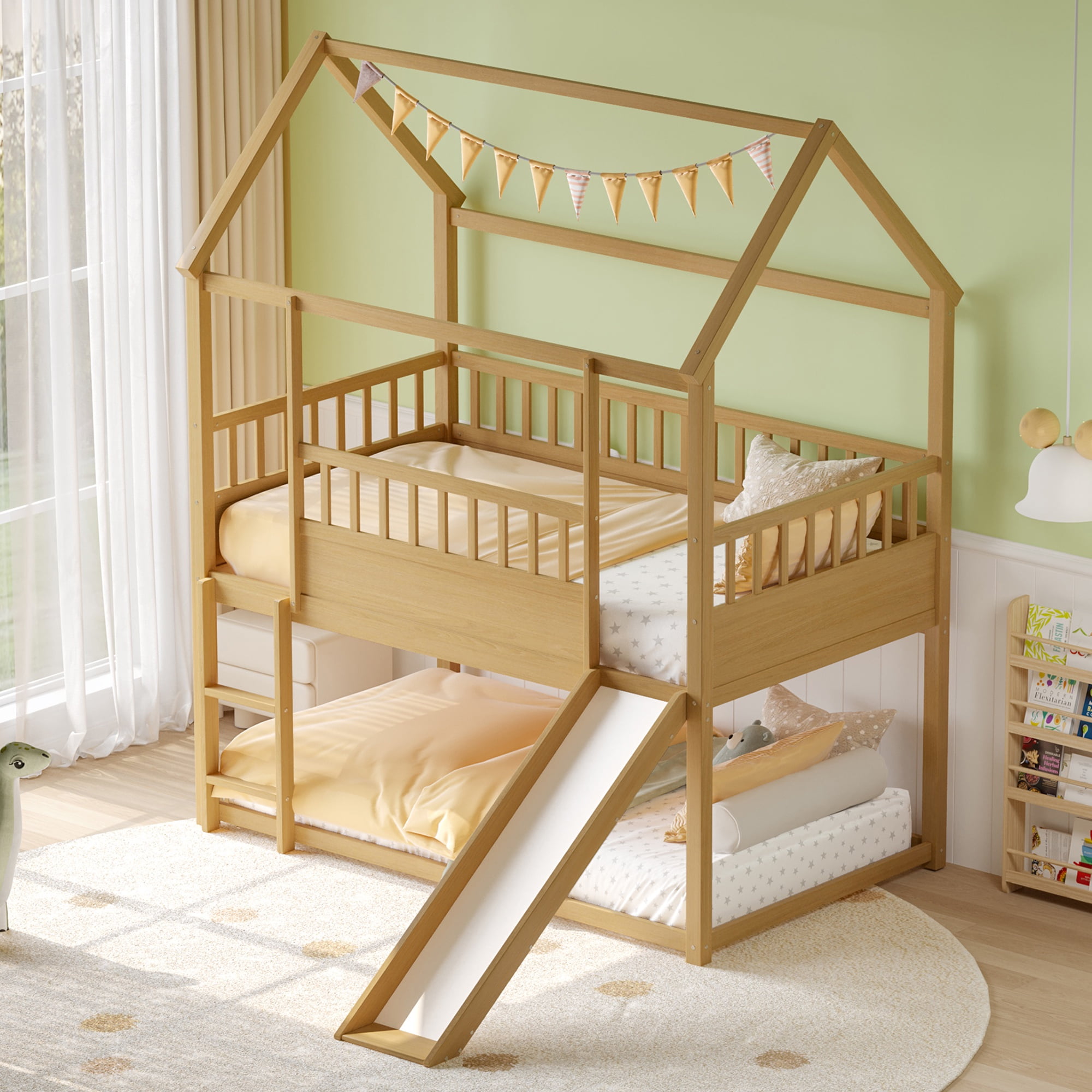 Bellemave House Bunk Bed with Convertible Slide and Ladder Twin over Twin Low Bunk Bed Frame Floor Bunk Bed with High Guardrails for Kids, Boys, Girls (Natural)