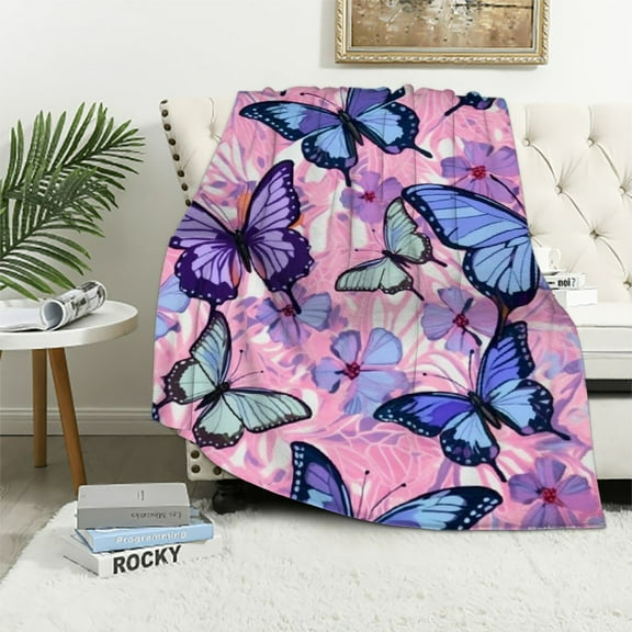 ARISTURING Pink Floral Purple Butterfly Blanket, Soft Blankets Flannel Bed Throw Cozy Lightweight Plush Gifts for Girls Women Sofa Couch Bedroom Living Rooms Warm All Season, Home Decor,