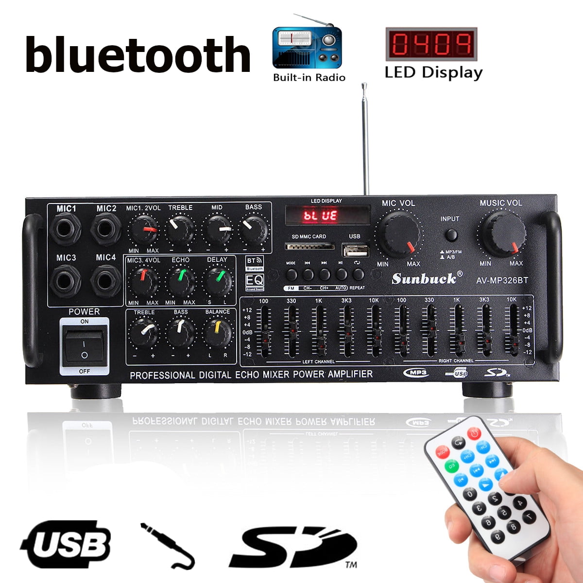 1200W 12V/110V Power Amplifier bluetooth Audio Amplifier 2 Channel EQ