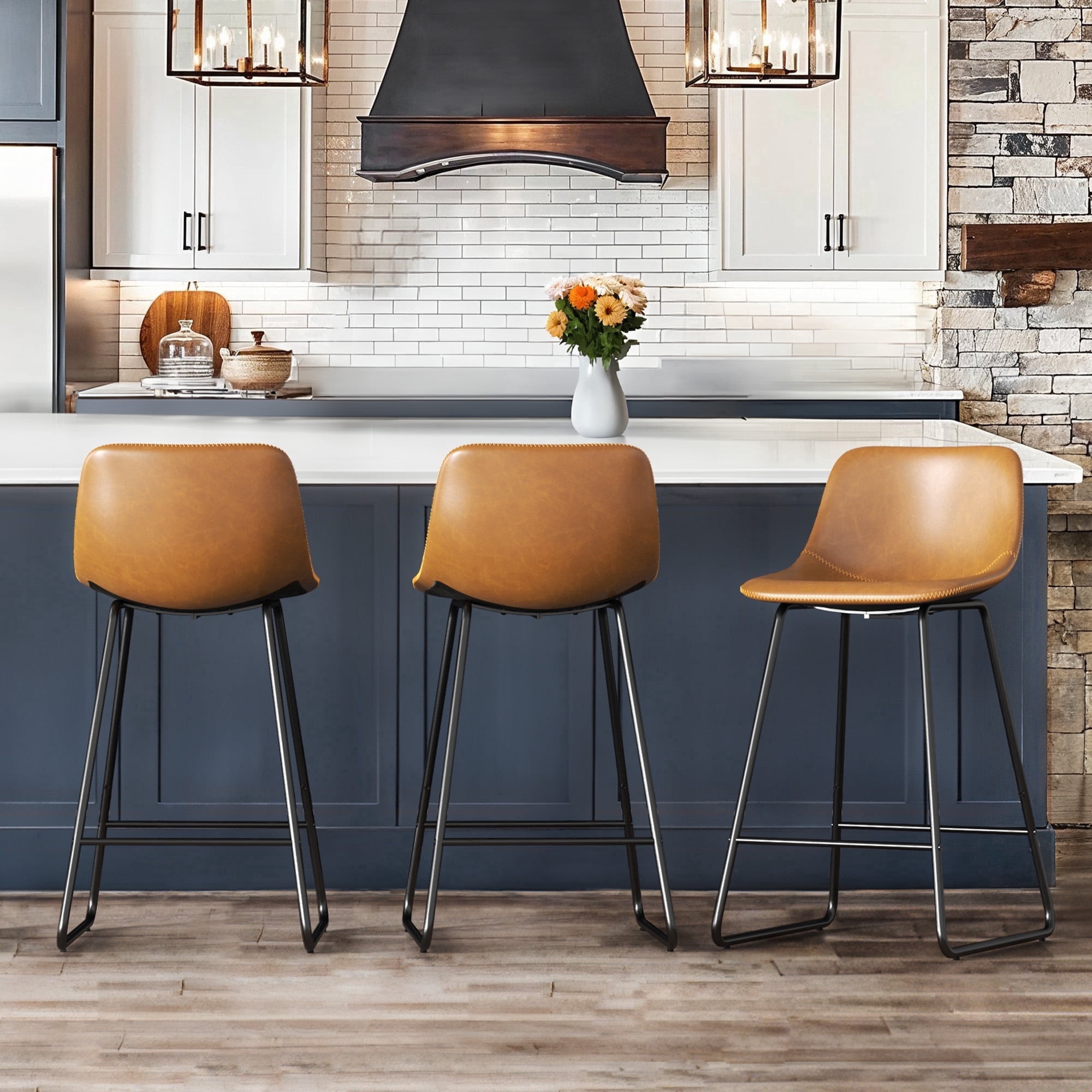 DYCANPO 24" Bar Stools Set of 3, Faux Leather, Whisky Brown, Comfortable and Durable for Kitchen Island