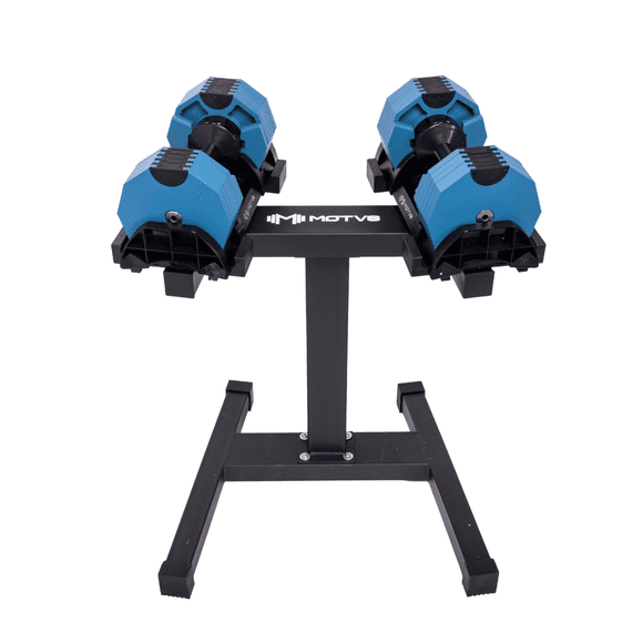 Decabell 550 Motv8 Adjustable dumbbells - Adjustable dumbbells for Men and Women Adjusts from 5 to 50LBS in 5LB increments (Electric Blue Pair With Stand)