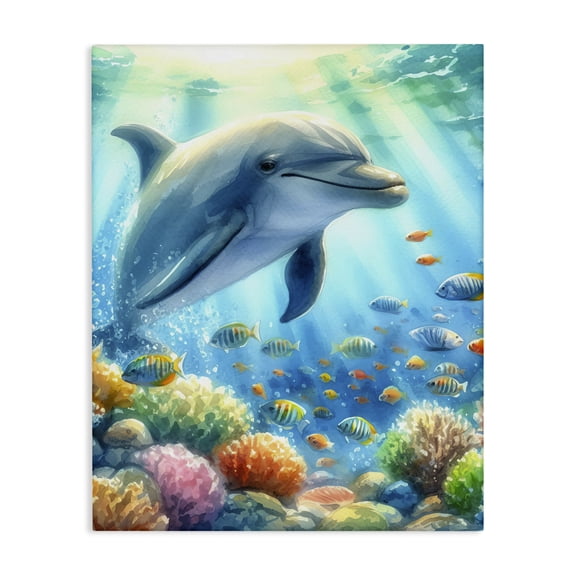 Stupell Industries Majestic Dolphin Underwater Nautical & Beach Painting Wrapped Canvas Art Print Wall Art, 16 x 20