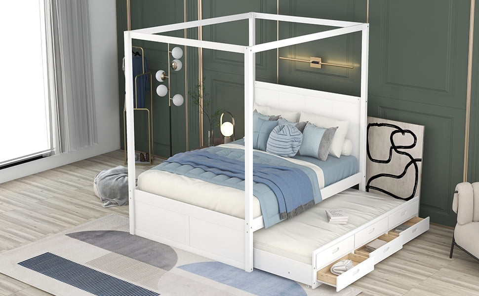 EUROCO Queen Size Platform Bed with Storage Headboard and USB Charging Station, Solid Wood Frame for Kids Adults, White