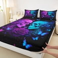 thumbnail image 4 of Castle Fairy Neon Gothic Skull Couple King Sheets 4pcs,Rose Butterfly Starry Sky Bedding,Magenta Cyan Black,1 Fitted Sheet,1 Flat Sheet and 2 Pillowcases, 4 of 6