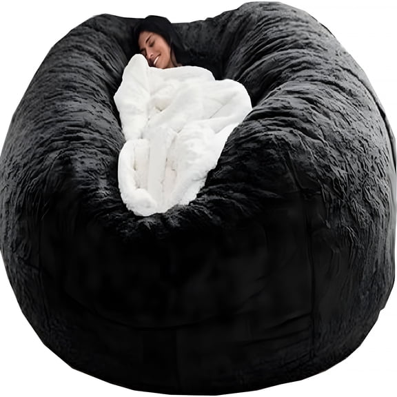 XIBUFE Giant Fur Bean Bag Chair Cover for Kids Adults, (No Filler) Living Room Furniture Big Round Soft Fluffy Faux Fur Beanbag Lazy Sofa Bed Cover(Black, 6Ft 150 * 75Cm)