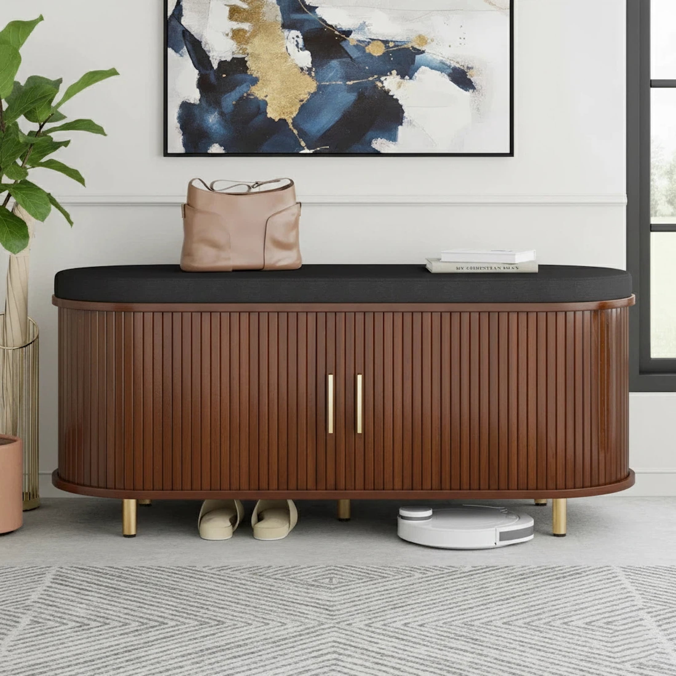 Aisword 2-Tier Shoe Bench Storage with Sliding Door, Padded Cushion, Adjustable Shelf, Walnut