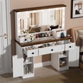 thumbnail image 4 of PAKASEPT Farmhouse White Makeup Vanity Desk with Mirror and Lights, Glass Tabletop Vanity Desk with Drawers, Charging Station, Cabinet, Makeup Vanity Table with Storage Bench for Bedroom, 4 of 12