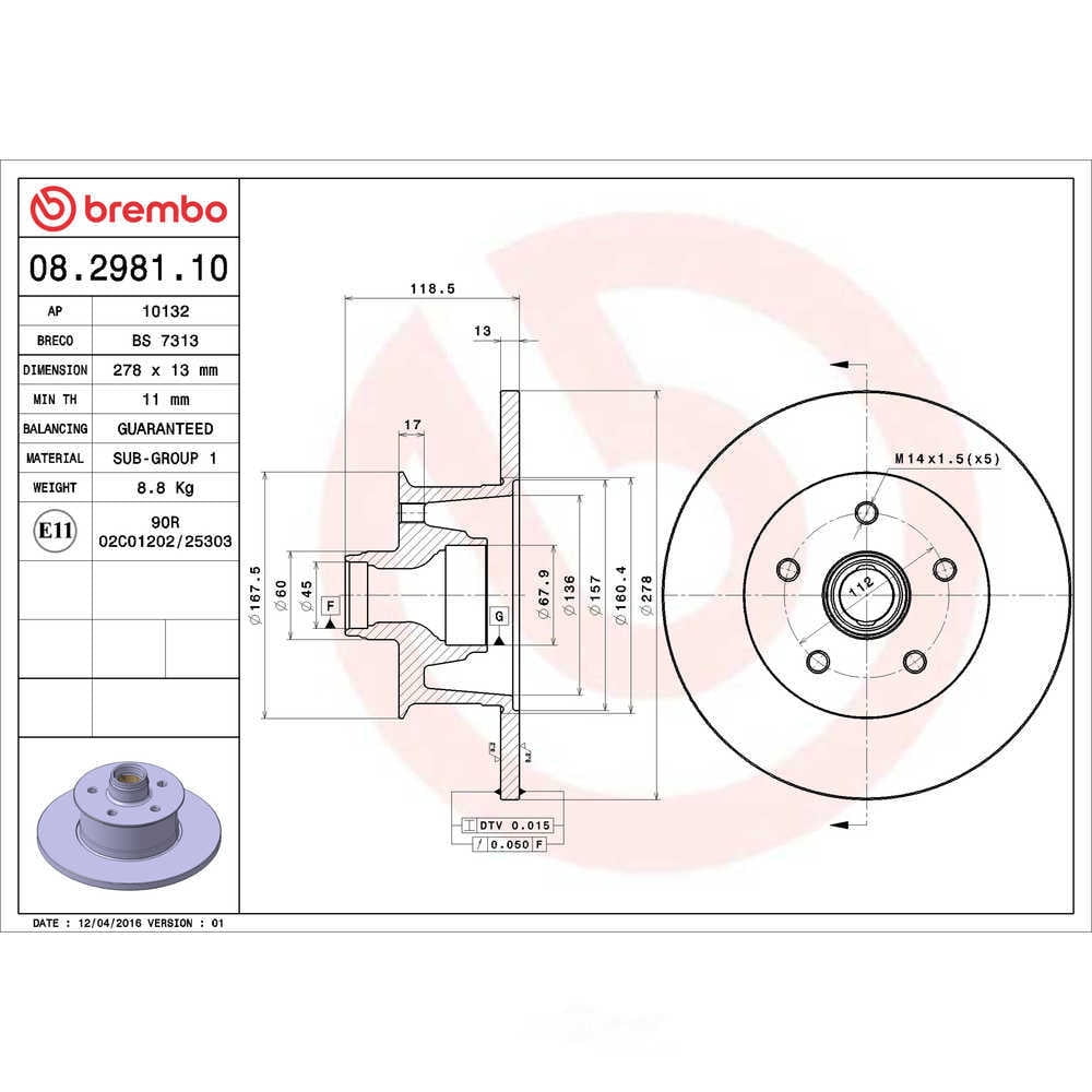 Brembo 08.2981.10 Disc Brake Rotor Fits select: 1984-1985 VOLKSWAGEN VANAGON CAMPMOBILE