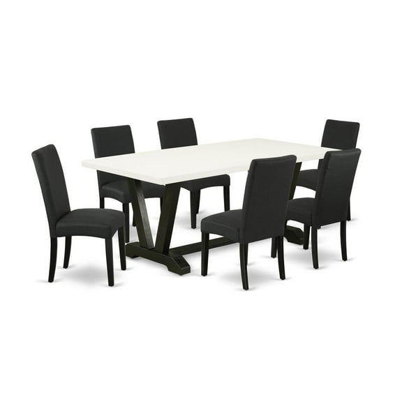 East West Furniture V627DR124-7 7-Pc Modern Dining Set- 6 padded parson chairs with Black Linen Fabric Seat and Stylish Chair Back - Rectangular Table Top & Wooden Legs - Linen White and Black Finish