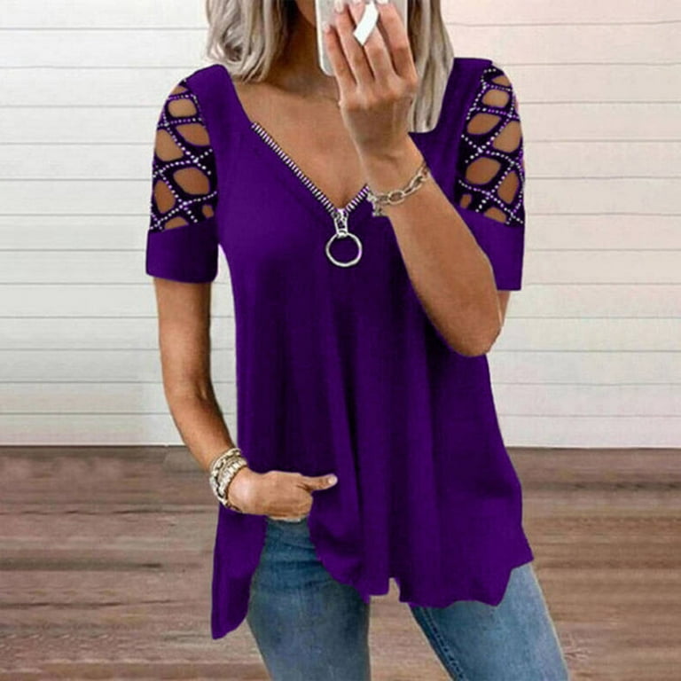 RYRJJ On Clearance Plus Size Cold Shoulder Tops Shirt for Women Cut Out  Rhinestone Tshirt Casual Summer Zip V Neck Short Sleeve Tunic  Blouse(Purple,XXL) 