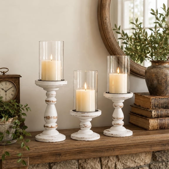 NUPTIO Wooden Hurricane Glass Candle Holders for Pillar Candles, Set of 3 Rustic Candlestick Holder for Table Centerpiece Mantel Farmhouse Decor (White)