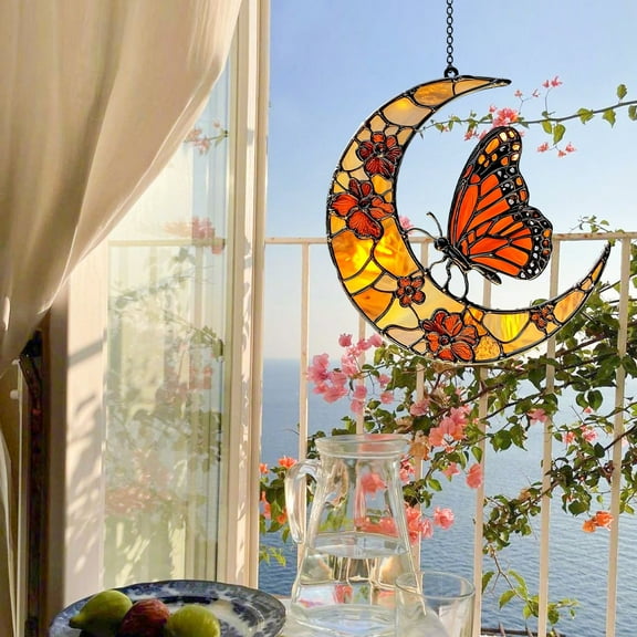 Monarch Butterfly and Floral Moon Suncatcher, Stain Glass Window Hanging, Suncatchers for Windows Hanging, Colorful Glass Panel Suncatchers for Butterfly Lovers Gifts,Outdoor Indoor Gift