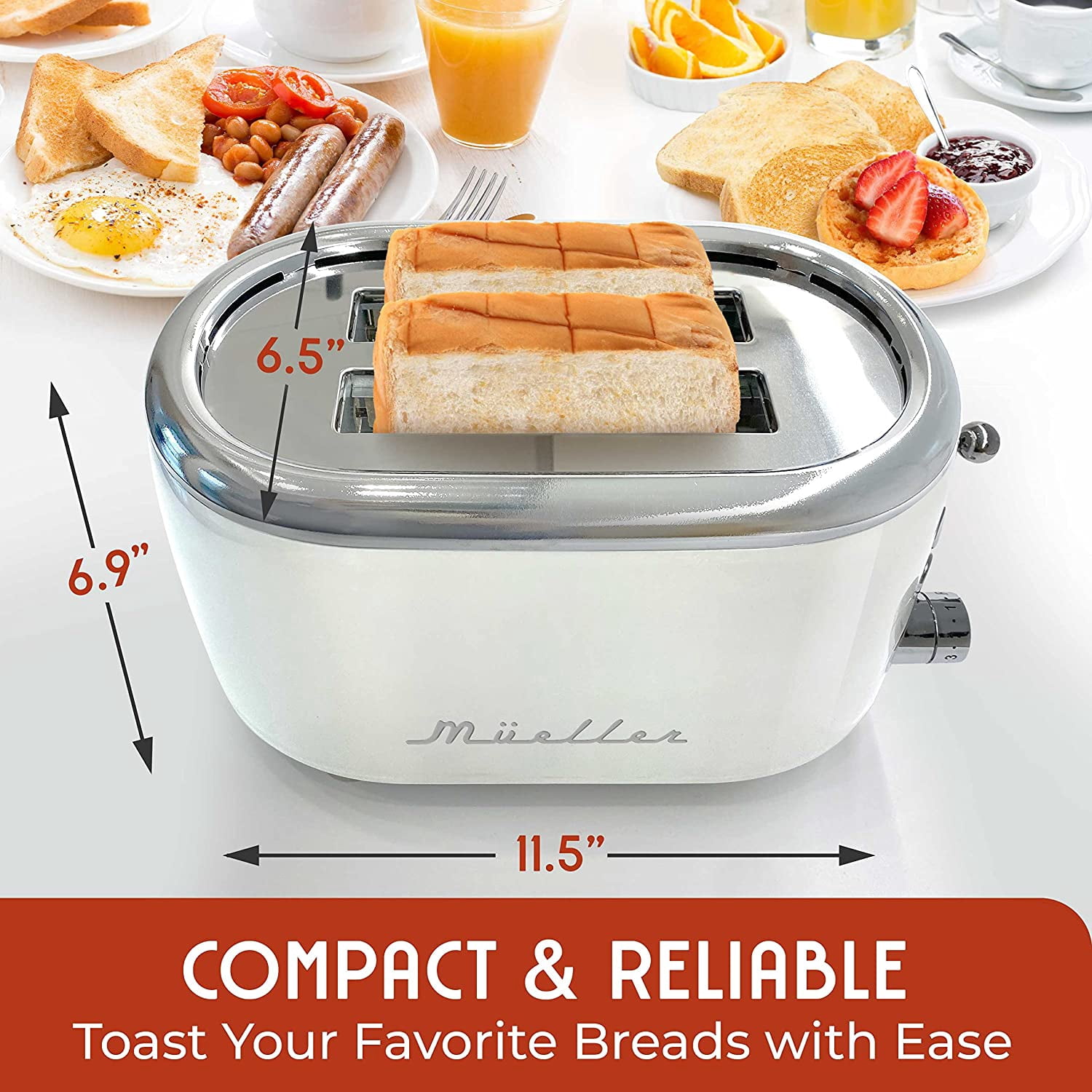 MÜELLERHOME Retro Toaster 2 Slice, 7 Browning Levels, 3 Functions (Reheat, Defrost, Cancel), Stainless Steel Features, Removable Crumb Tray, Under Base Cord Storage, White Toaster Kitchen Appliances
