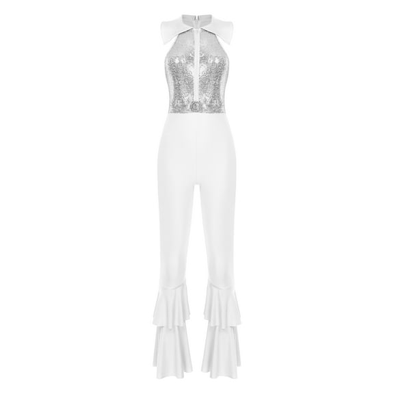 Moggemol Women's Sparkly Sequin Disco Jumpsuit Sleeveless Zipper Hippie Jumpsuit 70s Disco Outfits Silver S