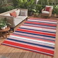 thumbnail image 2 of Hasoo 10' x 14' Red/Navy Outdoor Rug for Patio Decor Waterproof Plastic Straw Modern Geometric Striped Carpet PP Tube Woven Portable Camping Mat for Picnic Balcony, 2 of 7