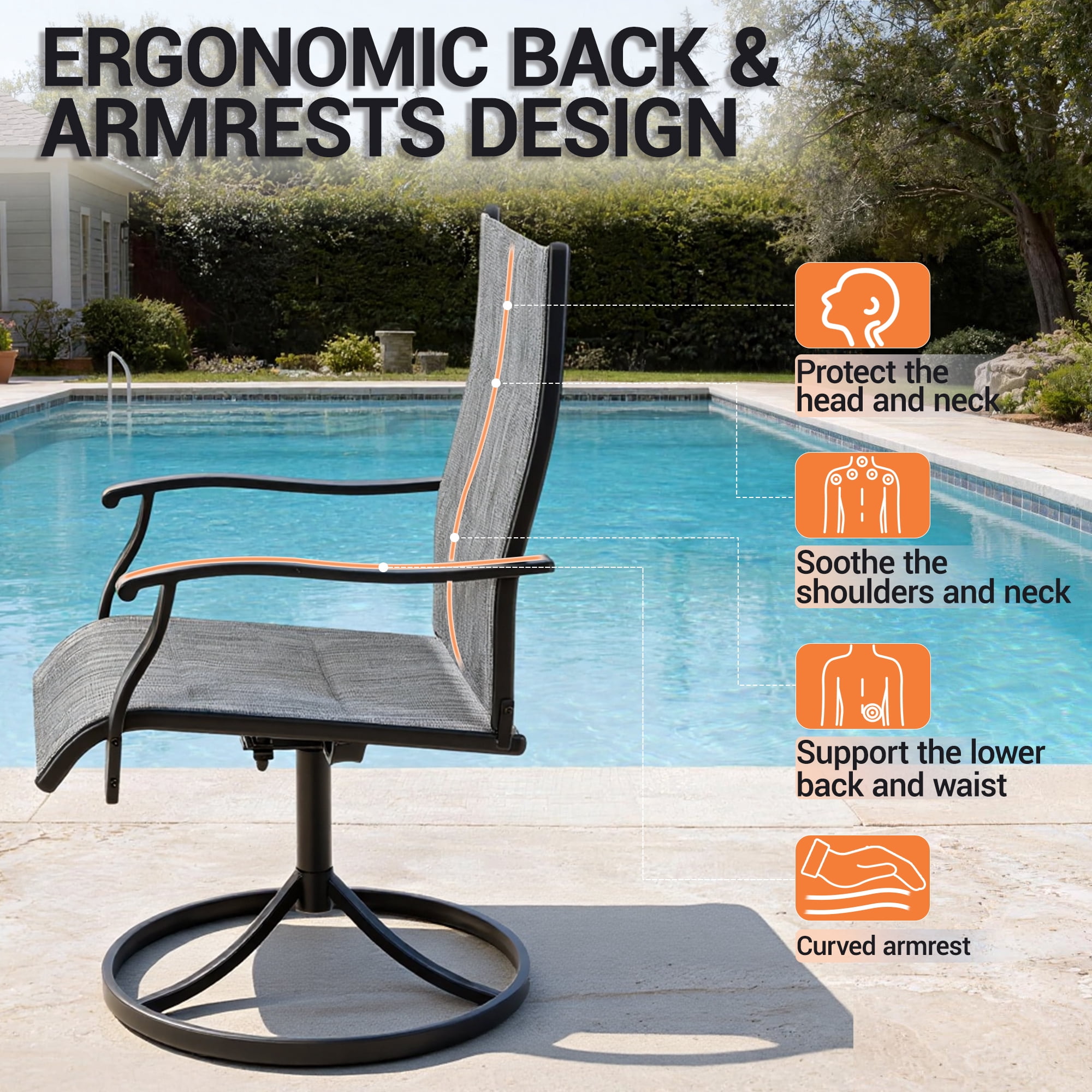 DELMANGO Patio Swivel Chairs Set of 2, Outdoor Dining Chairs High Back, All-Weather Textilene Swivel Rocker Chair for Lawn Porch Garden, Grey