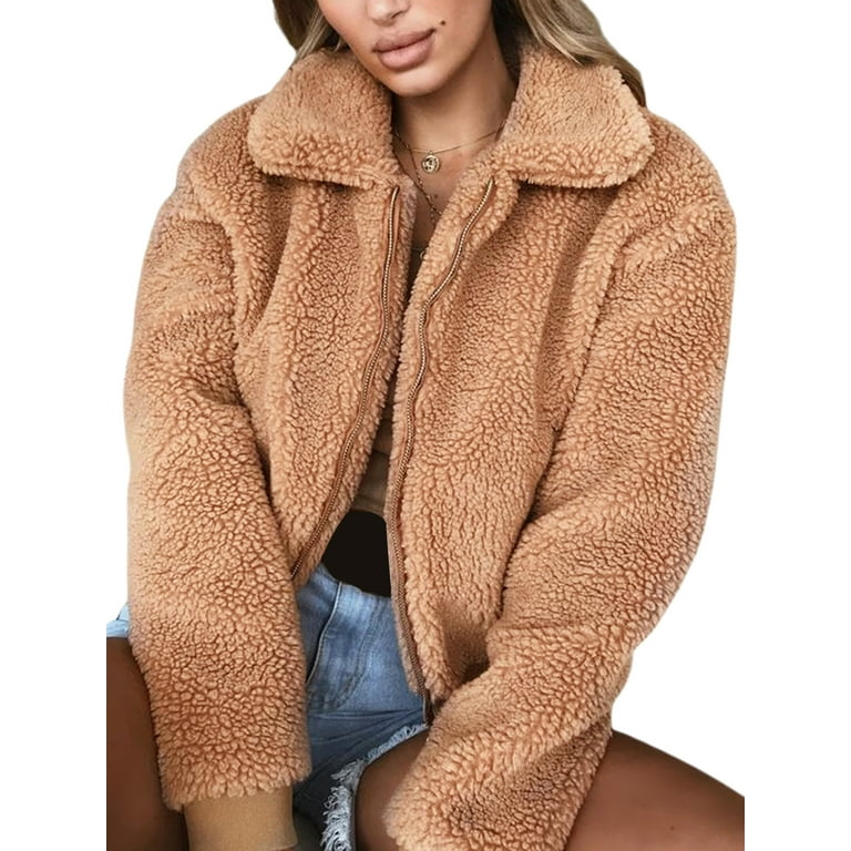 Canis Womens Thick Warm Teddy Bear Pocket Fleece Jacket Coat Zip Up Outwear Overcoat, Women's, Size: Small