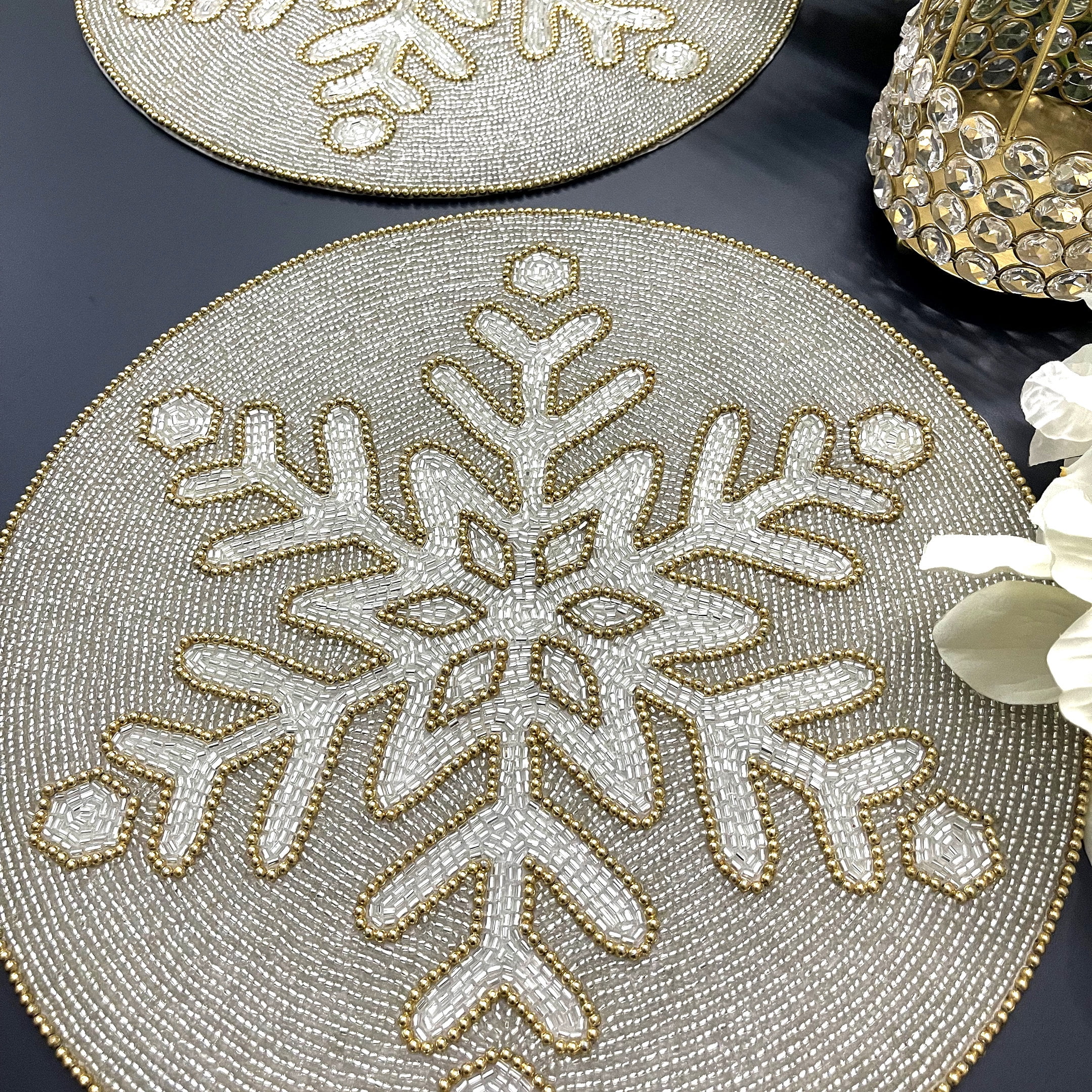 Set of 6, Christmas snowflakes placemat, handmade beaded, Silver and gold, 14inch