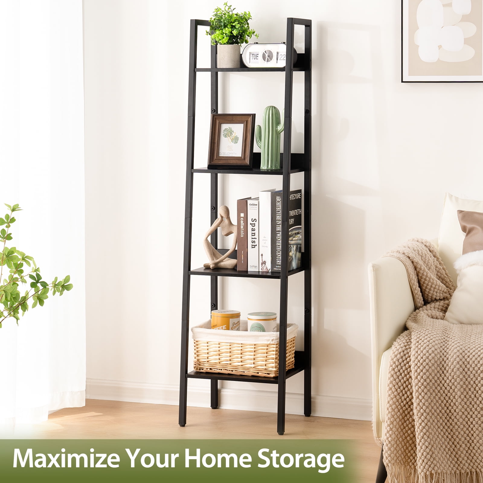 4-Tier Ladder Shelf,  Corner Bookshelf for Living Room, Balcony, Home Office, Bookcase Storage & Display Shelf, Black
