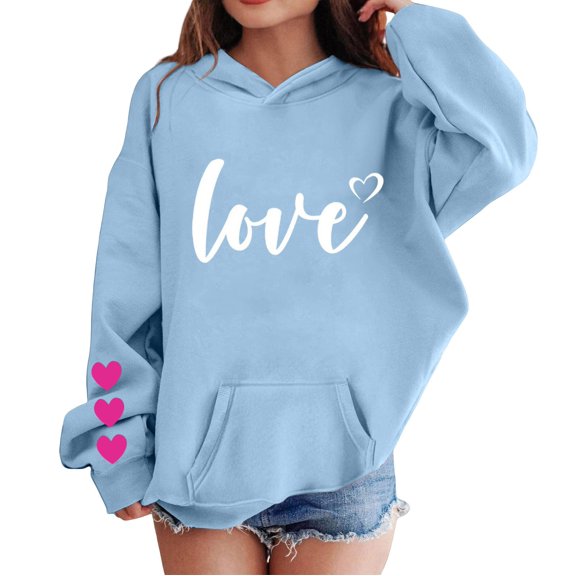 CPNG Girls Hoodies Tops Love Heart Print Long Sleeve Hooded Sweatshirts with Front Pocket Kids Loose Fit Daily Pullover Sweatshirt