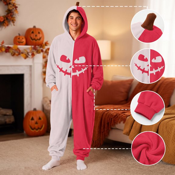 Halloween Split-Color Onesie for Men, Zip-Up Hooded Jumpsuit with Pumpkin Print & Cuffed Sleeves — Funny Adult Cosplay Pajamas Beige L