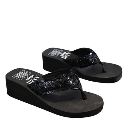 

Black and Friday Clearance Items under $5 asdoklhq Womens Shoes Clearance Sale Women s Summer Wedge Heel Flip Flops Sequin Slippers Beach Non-slip Shoes