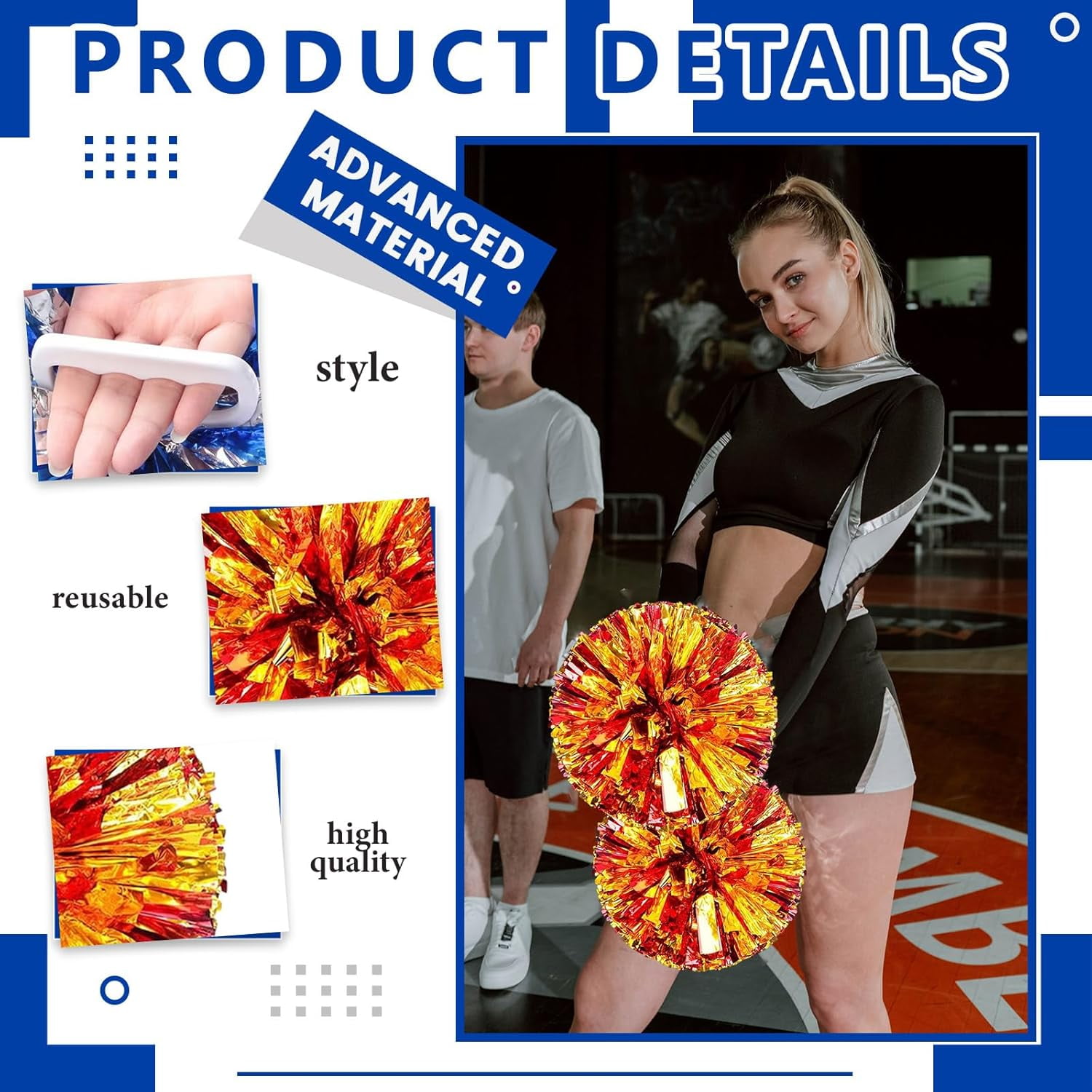 Cheerleader Pom Poms 12 Pack Sports Dance Cheering Plastic Metallic Cheerleading Pom Poms for Kids Adults