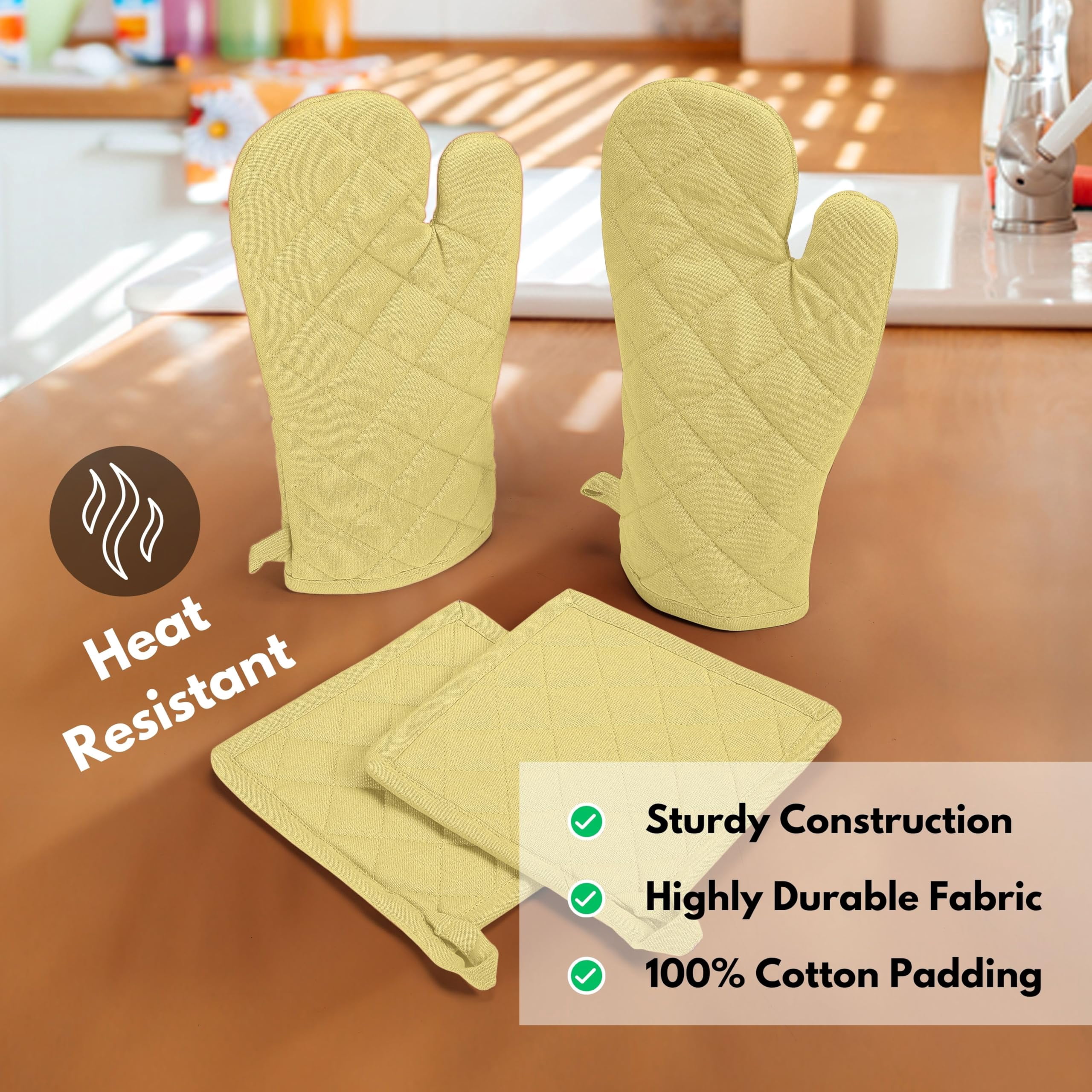 Native Fab Oven Mitts & Potholders Set, Heat Resistant, 100% Cotton, Quilted Design, Non-Slip Grip, Ideal for Baking, Cooking, BBQ, Kitchen Protection - Pale Yellow