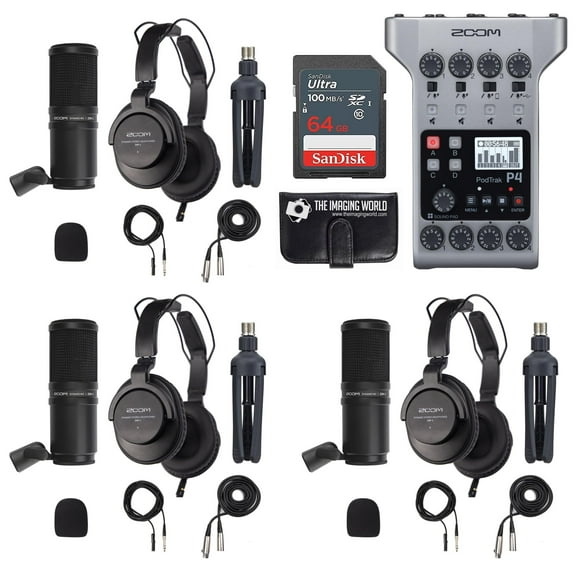 Zoom PodTrak P4 Portable Multitrack Podcast Recorder Bundle with Three 3 Mic Packs with Headphones, Windscreen, XLR, and Tabletop Stands   64GB Card   Wallet
