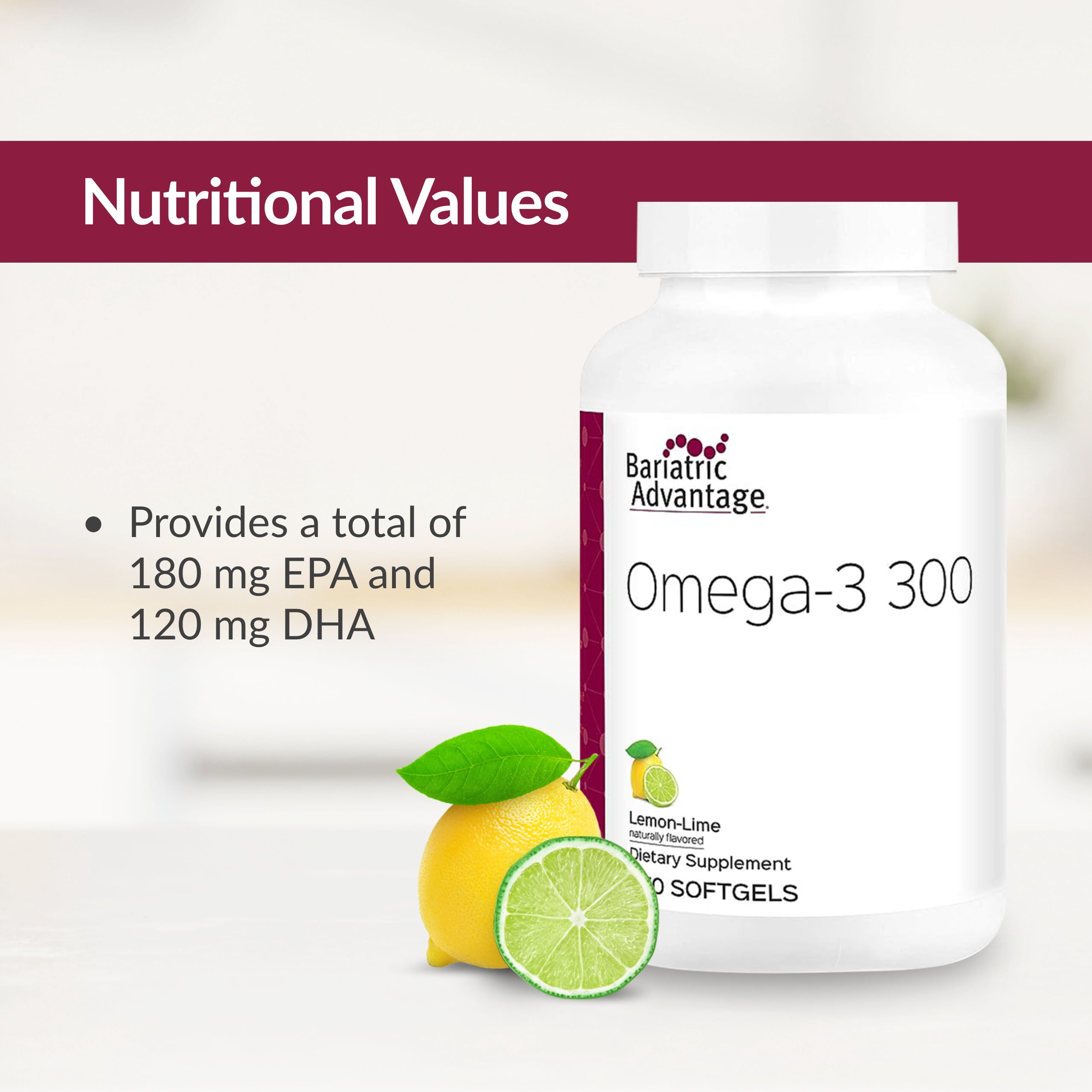 Bariatric Advantage Omega-3 300 - High DHA & EPA Content - Concentrated Triglycerides Fish Oil - Antioxidants Supplement* - Fish Oil DHA EPA - 270 Softgels - Lemon Lime