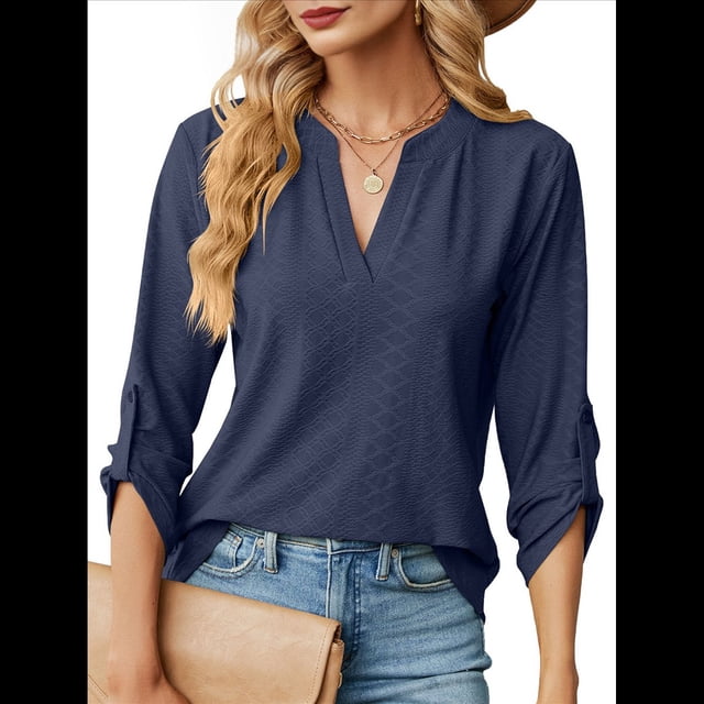 Blusas Elegantes e Informales para Mujer, Camisetas de 3/4 con Cuello en V y Mangas Enrollables. Azul Marino M