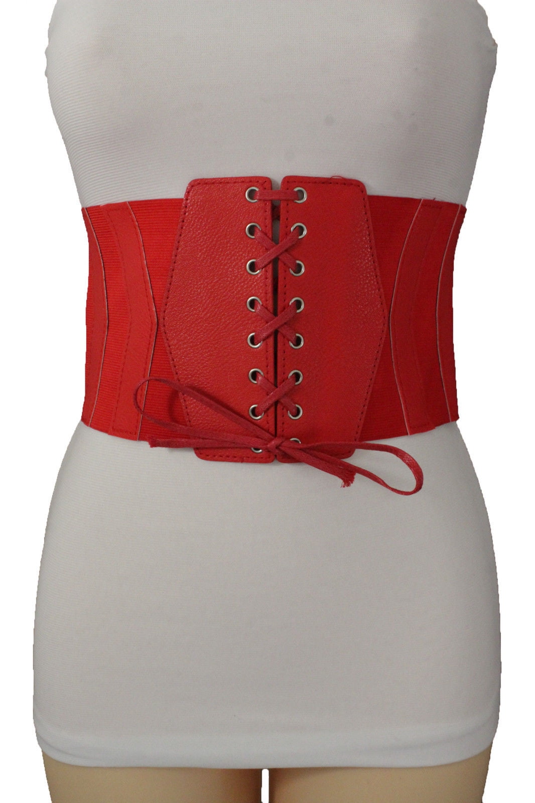 Women Red Faux Leather Wide Fashion Corset Belt High Waist Stretch